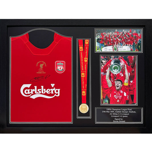 Liverpool 2005 Gerrard Signed Shirt & Medal (Framed)