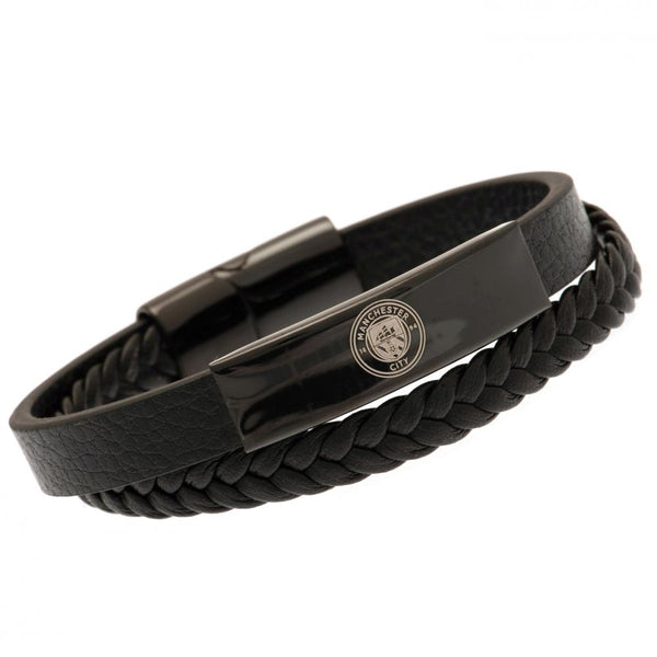 Manchester City Black IP Leather Bracelet